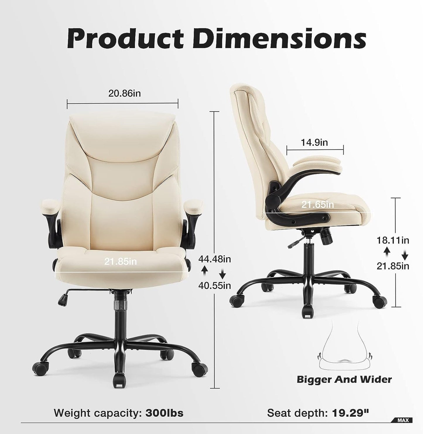 Office Chair - Ergonomic Executive Computer Desk Chairs with Adjustable Flip-Up Armrest, Swivel Task Chair with Lumbar Support, Strong Metal Base, PU Leather, White