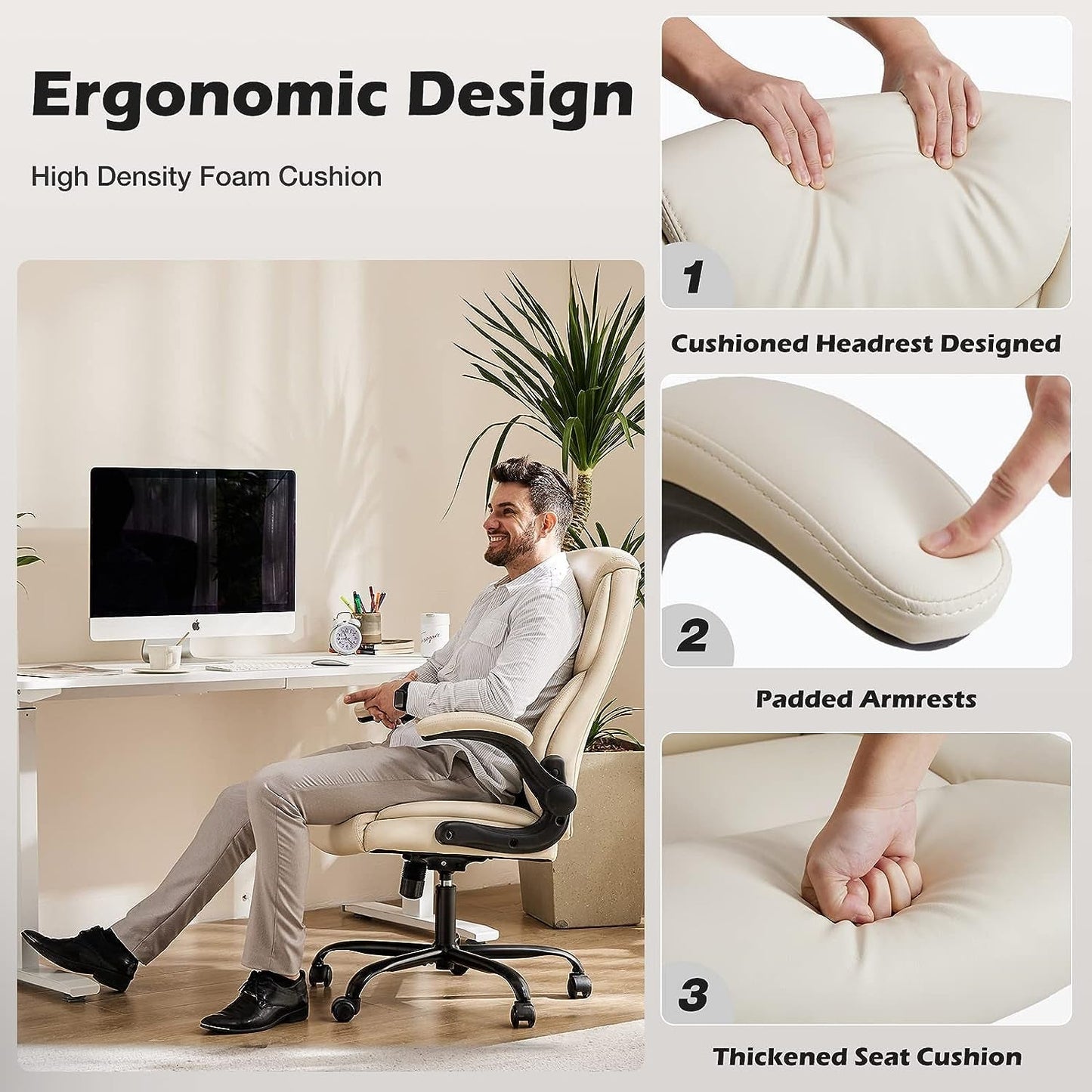 Office Chair - Ergonomic Executive Computer Desk Chairs with Adjustable Flip-Up Armrest, Swivel Task Chair with Lumbar Support, Strong Metal Base, PU Leather, White