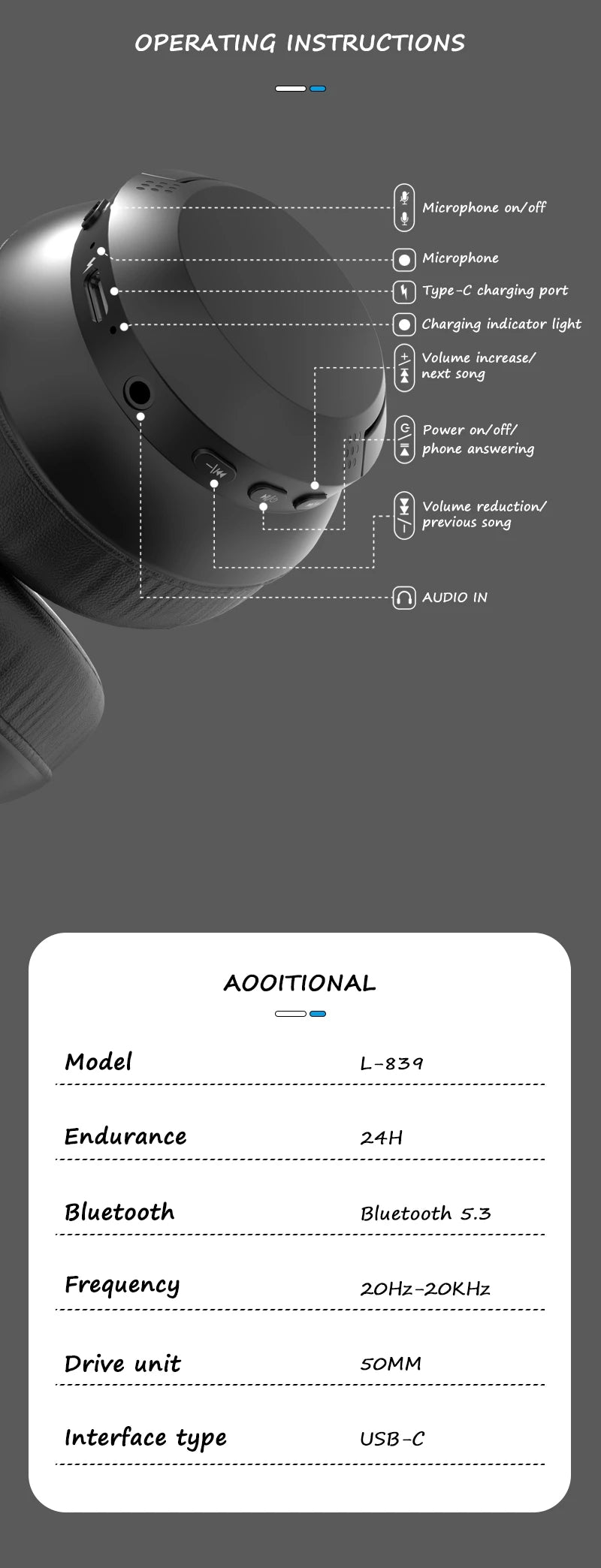 LDON L839 Bluetooth 5.3 Earphones Headphones Foldable Gaming Headset Sport Headphone with Mic Music Earbuds