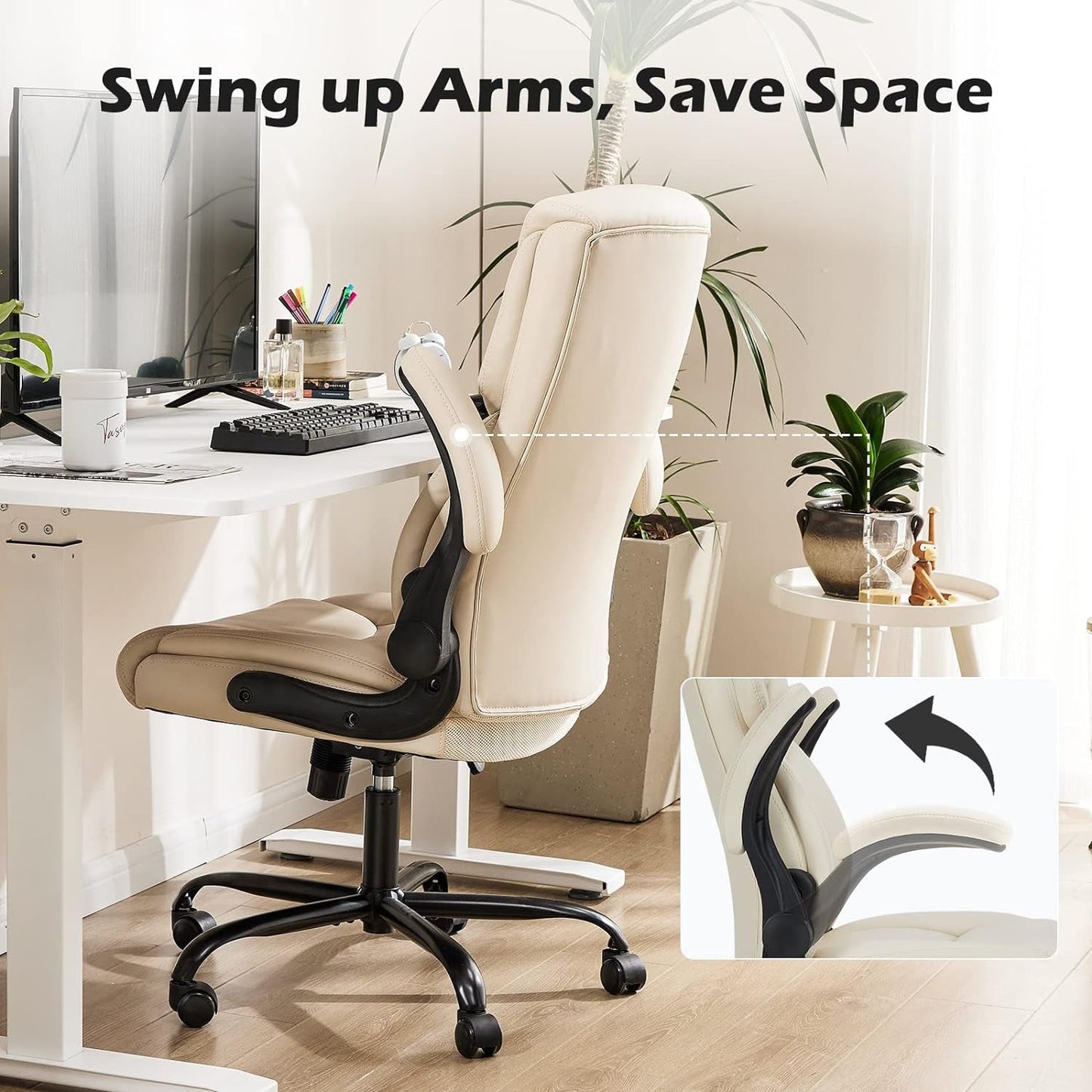 Office Chair - Ergonomic Executive Computer Desk Chairs with Adjustable Flip-Up Armrest, Swivel Task Chair with Lumbar Support, Strong Metal Base, PU Leather, White